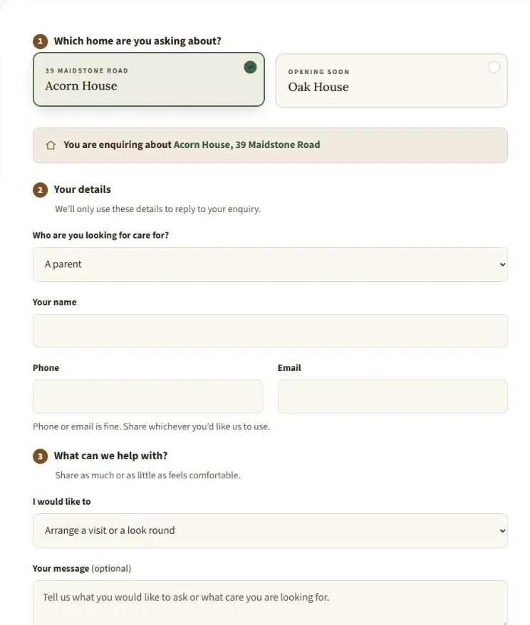 The Acorn & Oak enquiry form: a family chooses which home they are asking about, a banner confirms the choice, then they say who the care is for, how to reach them and what they would like to happen next.